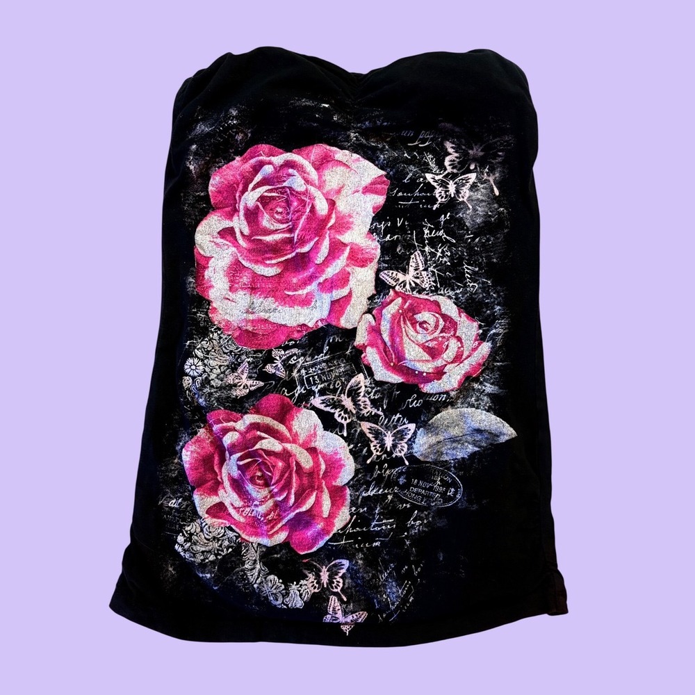 Y2K Wet Seal Scene Rose Butterfly Graphic Tube Top Grunge #17